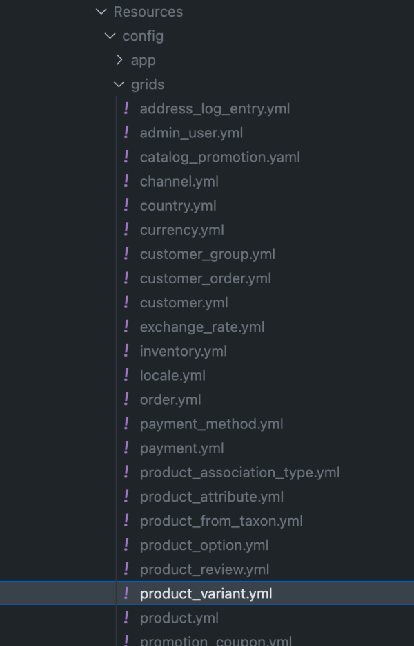 A list of YAML-files under Resources - config - app - grids. A file called product_variant.yaml is highlighted.